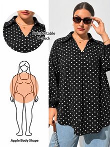 Shapeblank 大尺碼女款春夏/秋冬時尚休閒寬鬆舒適日常基礎百搭顯瘦棕色波點V領長袖襯衫，秋季服飾，極簡風，外出上衣，波點上衣 - 黑與白 - 查看 1