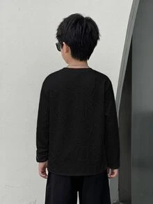 SHEIN 兒童青少年男孩休閒學院風運動黑色紋理提花金屬感面料套頭圓領長袖T恤，適合通勤、上學、日常休閒外出、運動，適合春夏秋冬 - 黑色 - 查看 2