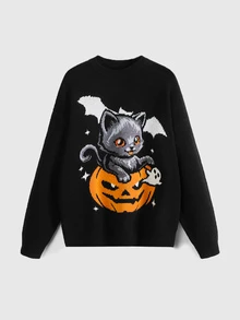 ROMWE Halloween Cute Cat Pumpkin Pattern Black Long Sweater For Women - Black - View 1