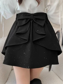 FRIFUL Women's Autumn Bowknot Decor Short Skirt - Black - View 2