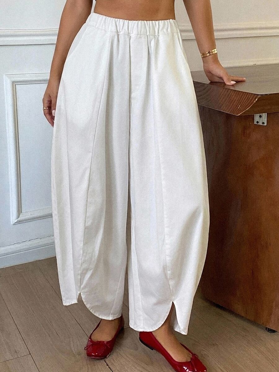 Dazy Plus All White Elastic Waist Petal Cuff Loose Harem Pants, Casual Cargo Cropped Length Denim Jeans For Girls, Vacation Style Fall Going Out - White - View 1