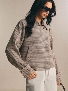 Poéselle 女款法式格紋優雅百搭短款風衣外套 - 棕色 - 查看 9
