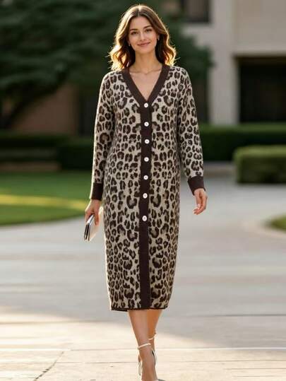 Wandoria Women's Autumn New Single Piece V-Neck Leopard Print Fashion Design Mid-Length Fitted Personalized Stylish Elegant Sophisticated Knit Cardigan