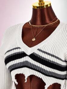 Amplova Black White Gray Striped Long Sleeve Distressed Fitted Bodycon Mini Knit 2 Pieces Set - Black and White - View 3