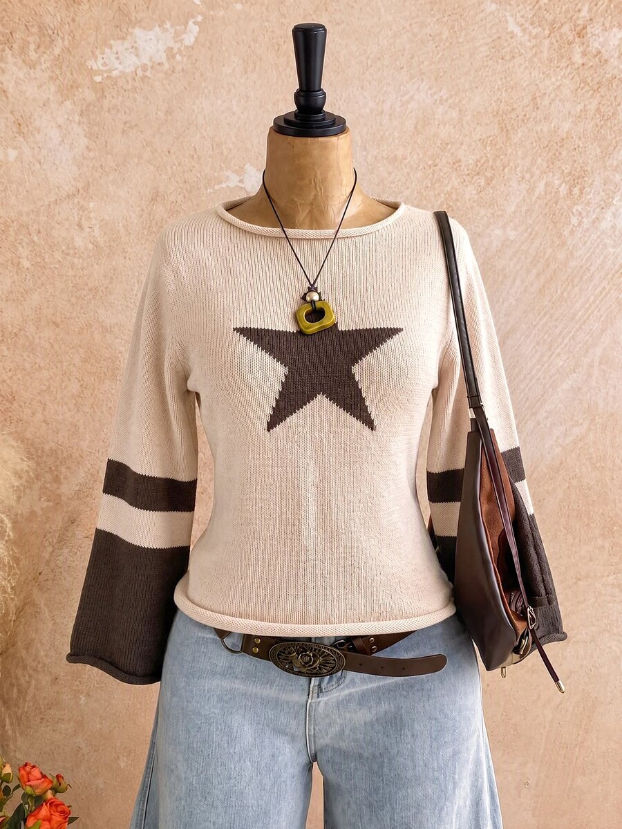 Soleia Plus Size Autumn/Winter Casual Colorblock Patchwork Sweater - Apricot - View 1
