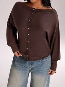 Rustia Plus Size Women's Solid Color Boat Neck Batwing Long Sleeve Single-Breasted Casual Knit Cardigan Winter - White - View 1