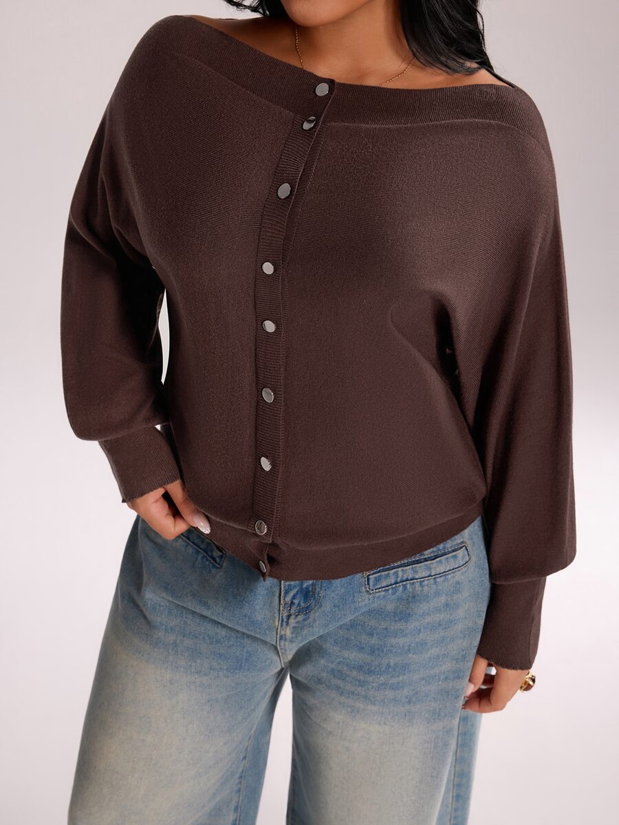 Rustia Plus Size Women's Solid Color Boat Neck Batwing Long Sleeve Single-Breasted Casual Knit Cardigan Winter - White - View 1