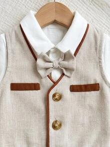 SHEIN 兒童新生兒可愛紳士風背心、杏色長褲、襯衫 3 件套 - 杏色 - 查看 4