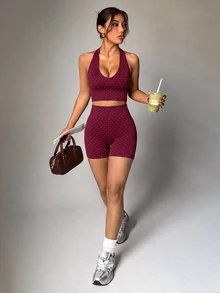 Slayform Women's Polka Dot Print Halter Neck Tank Top And Shorts Sports Set - Burgundy - View 3