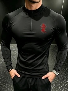 GymBeat Kaos Olahraga Pria Lengan Panjang Slim Fit dengan Kerah Tegak, untuk Gym - Hitam - View 3