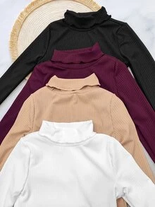 SHEIN 女嬰純色高領長袖休閒上衣 - 彩色 - 查看 4