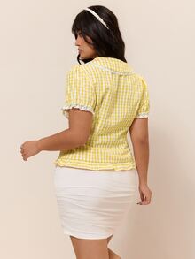 CovetEZ Plus Size Summer Elegant Lace Trim Plaid Blouse - Yellow - View 2
