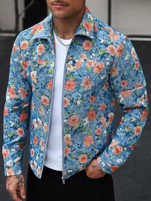Manfinity CasualCool 2026新款男士新年聖誕萬聖節假期禮物休閒時尚設計極簡優雅百搭寬鬆藍色花卉圖案拉鍊長袖夾克 - 藍色 - 查看 1
