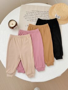 SHEIN 4件組可愛百搭休閒秋冬純色鬆緊腰女嬰長褲 - 彩色 - 查看 6