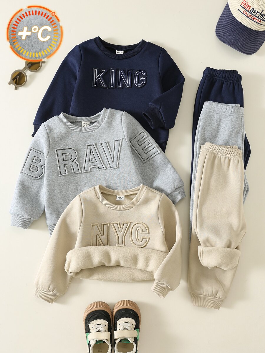 SHEIN 中性嬰兒男/女童、幼兒 2 件組秋冬保暖內裡加厚可愛拼色拼接立領運動衫套裝,嬰兒冬季衣物、運動服、聖誕 - 藏蓝色 - 查看 1