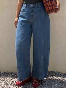 Dazy Plus Solid Color Loose Curved Leg Casual Streetwear Summer Denim Cropped Jeans Fall - Medium Wash - View 2