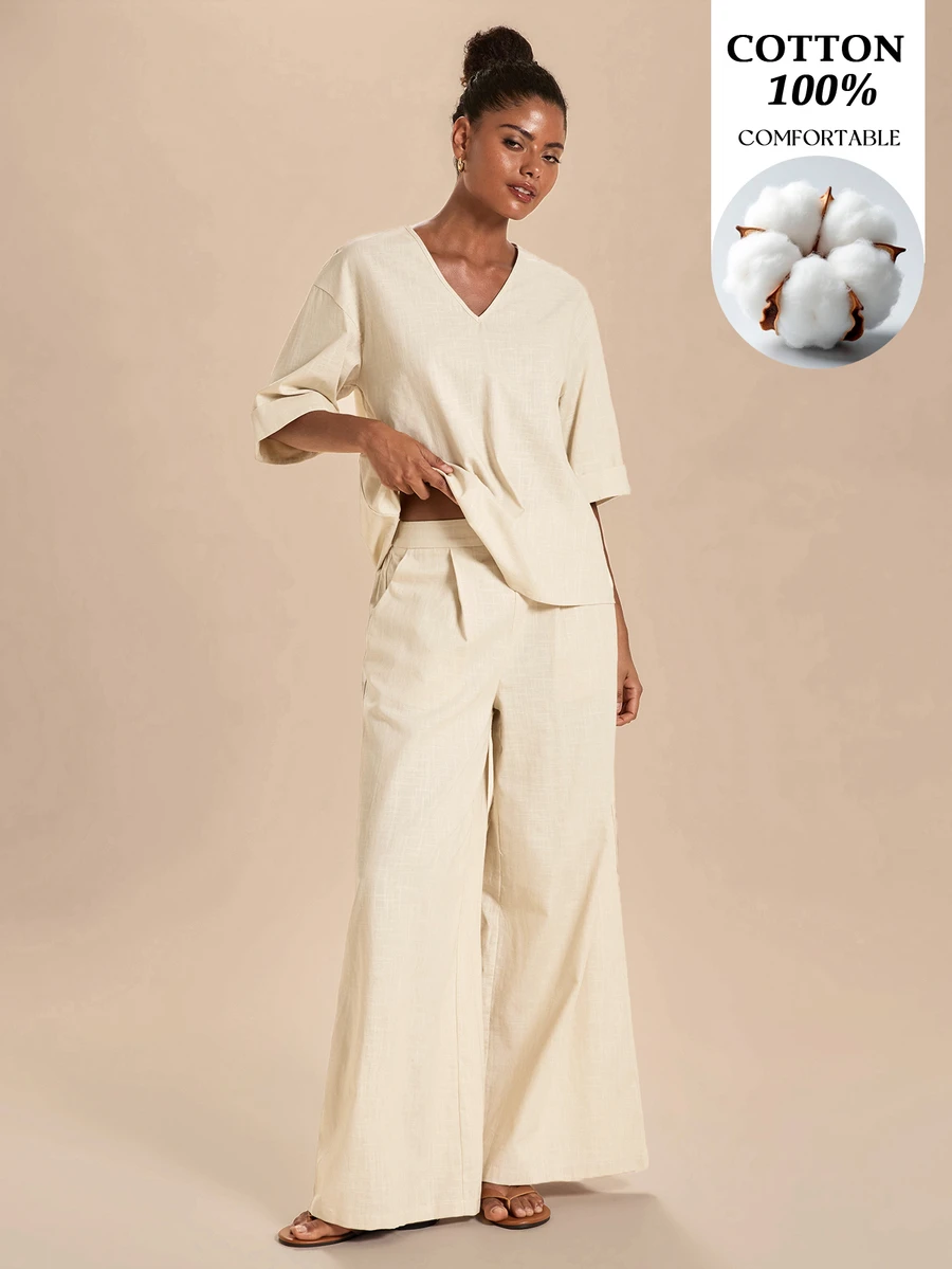 Travachic Women's Solid Color V-Neck Top And Pants Casual Daily 2 Pieces Set - Apricot - View 1