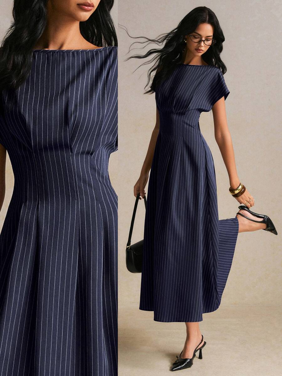 Poéselle Women's Striped Boat Neck Batwing Short Sleeve Elegant Dress - Navy Blue - View 1