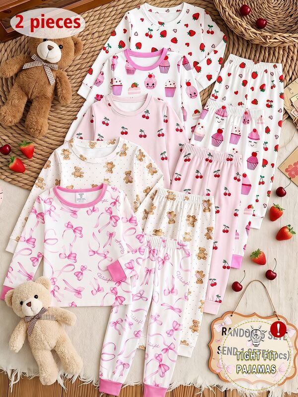 Tween Girls Pajamas 2 Pieces Set, New Hot-Selling Bow Full Print Pattern With Contrast Color Collar, Cuffs And Hem, High Elasticity Round Neck Top And Full Print Snug Fit Long Pants, Loungewear, 1 Set, Autumn/Winter