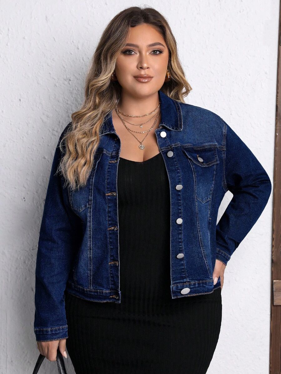 SHEIN CURVE+ Plus Size Women's Single-Breasted Casual Daily Denim Jacket - Dark Wash - View 1