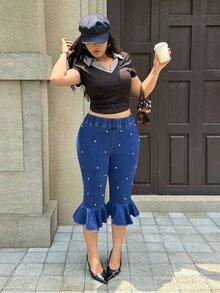 Rivivi Plus Size Women's Elastic Waist Faux Pearl Decor Ruffle Hem Fashion Cropped Denim Jeans - Blue - View 4