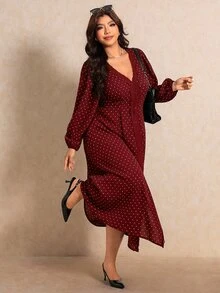 Elaquor Plus Size Women's Burgundy Lantern Sleeve Single-Breasted Elegant 1950s Vintage Romantic 1920 Celestial Dress Fall Brunch Party Date Night Evening - Red - View 4