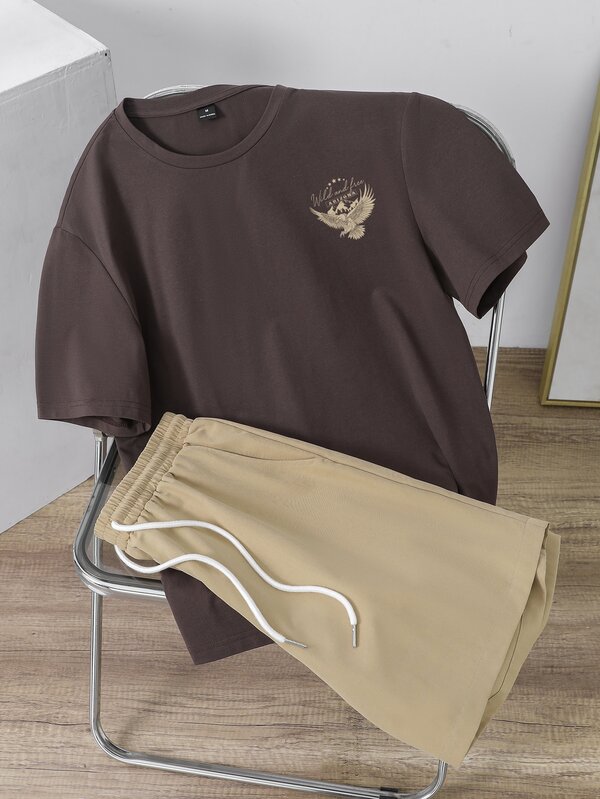 Daypath Men's Fitted Brown Knit Top And Khaki Woven Shorts Set, Wild Poplar, California Garland Bird Graphic Design