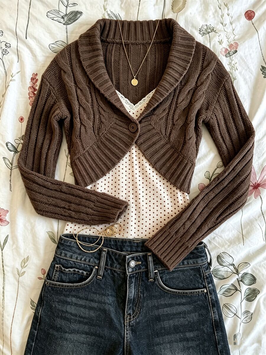 IslaSuriya Brown Cable Knit French Vintage Casual Style Daily Commute Single Button Short Cardigan - Brown - View 1