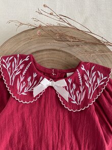 SHEIN Infant Girls Pastoral Embroidered Doll Large Collar Bowknot Cute Ruffle Elastic Cuff Long Sleeve Romper Autumn - Burgundy - View 4