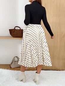 MaterniWear Maternity Patchwork Polka Dot Print High Neck Long Sleeve Nursing Dress - Black - View 2