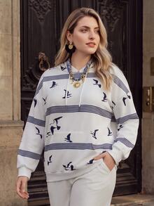 Miaspire Sweatshirt Wanita Ukuran Besar Motif Garis-garis Bahu Longgar Lengan Panjang Kasual dengan Saku dan Tali Serut, Cocok untuk Musim Gugur - MultiWarna - View 2