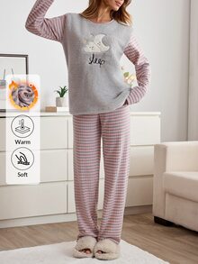 SHEIN Women 2pcs Striped Rib Knit&Fuzzy With Cute Graphic Embroidery Detailed Round Neck Long Sleeved & Long Pants Homewear Comfort Pajama Set - Pink - View 5