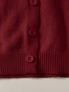SHEIN 女童秋季/冬季黃色修身圓領針織開襟毛衣外套，基本款針織開襟衫，適合海邊度假、冷氣房、開學季、優雅聚會等場合，適合秋冬穿著 - 酒紅色 - 查看 2