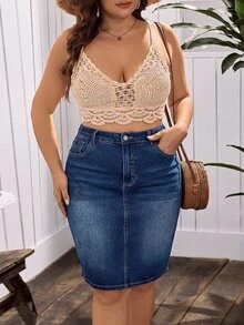 EMERY ROSE Rok Mini Denim Kasual Serbaguna untuk Wanita Ukuran Plus dengan Kantong - Biru - View 2