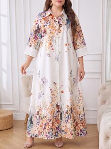 Al Najma 夏季大尺碼女款阿拉伯風洋裝，對比色寬鬆版型，花卉袖口 - 卡其色 - 查看 3