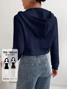 SHEIN PETITE 女款拉鍊連帽短款運動衫，長袖上衣，畢業季與返校穿搭 - 藏蓝色 - 查看 2