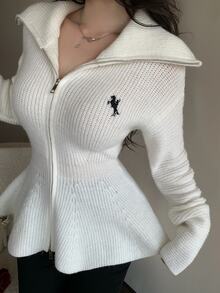 Feyla Women's Knight Graphic Zipper Casual Versatile Daily Long Sleeve Sweater - White - View 2