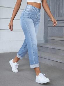SHEIN PETITE Women's Outdoor Fashion Versatile Wide Leg Cuffed Hem Blue Denim Jeans - Light Wash - View 7
