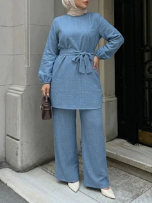 Dazy Plus Solid Color Casual Pullover Top With Tie Detail, Elegant & Versatile Commuter Long Pants, Spring/Autumn New 2-Piece Set - Blue - View 3