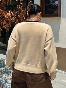 Dazy Plus 對比領寬鬆長袖雙拉鍊老錢風針織開襟衫 春秋款 - 卡其色 - 查看 2