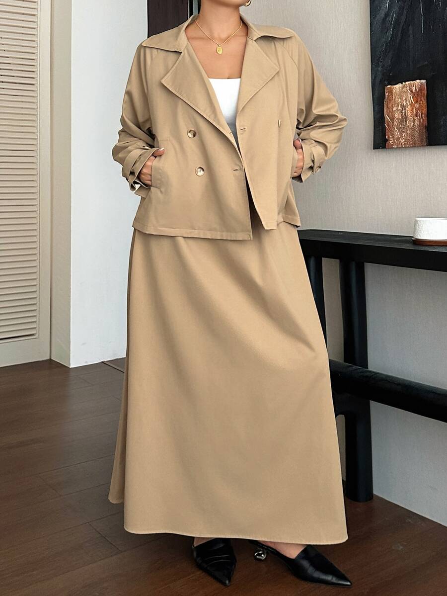 Dazy Plus Solid Color Casual Blogger Style Tie Waist Jacket & A-Line Long Skirt 2 Pieces Set - Khaki - View 1