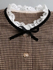 Sweetra Vintage French Houndstooth Jacquard Wool Short Jacket With Ruffle Hem, Feminine Girl Style, Cinched Waist, Puff Sleeves, Delicate White Embroidered Lace Trim, Velvet Bow Decor, Classic Versatile For Dates, Outings And Light Office Commute, Women's Woolen - Mocha Brown - View 4