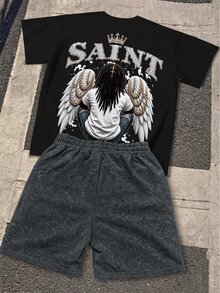 Manfinity Roughcore Set Kaos Lengan Pendek dan Celana Pendek Motif Karakter Pria - Hitam - View 6