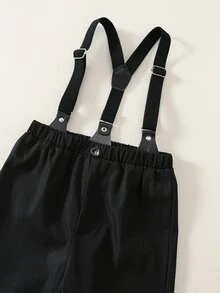 SHEIN 2件組新生兒男嬰秋冬白色長袖連身衣與黑色吊帶褲套裝，紳士風造型，適合萬聖節、開學季、婚禮季 - 黑與白 - 查看 3