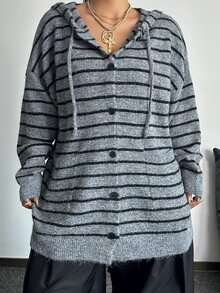 POPSWAY Autumn/Winter Versatile Casual Loose Slouchy Striped Colorblock Hooded Cardigan Sweater - Grey - View 7