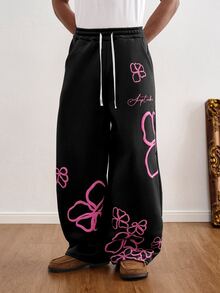 TOKVUE Y2K Men's Casual Colorblock Letter Print Drawstring Waist Sports Pants, Men's Printed Sweatpants, - Black - View 5