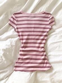 IslaSuriya Plus Size Women's Striped Button Half-Placket Short Sleeve Casual T-Shirt - Pink - View 2