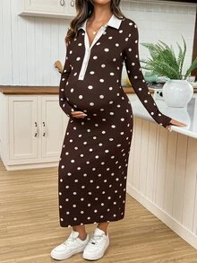 SHEIN Maternity Polka Dot Colorblock Casual Daily Summer Dress - Brown - View 1