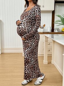 SHEIN Women's New Leopard Print Long Sleeve Fitted Maternity Dress Fall - Coffee Brown - View 3