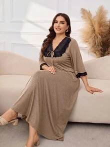 Lacomfia Gaun Wanita Ukuran Besar dengan Detail Renda Kontras di Bagian Depan dan Lengan 3/4 yang Diikat - Kuning - View 3